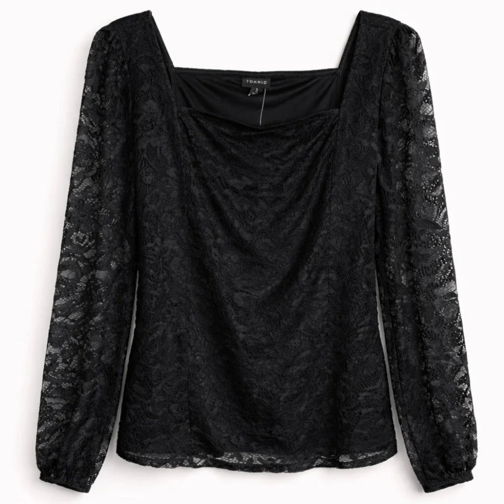 Torrid NEW Lace Sweetheart Black Long Sleeve Top Plus 2X 18-20 Square Neckline - Picture 1 of 14